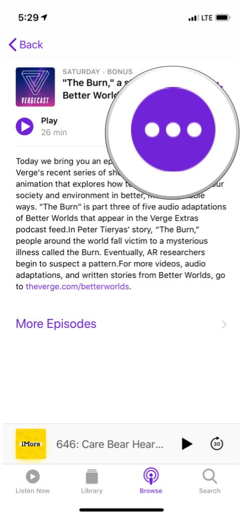Подробный просмотр эпизода Apple Podcasts с помощью кнопки обзора с тремя точками 