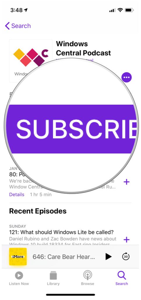 Apple Podcasts app showing Windows Central podcast details and highlight on Subscribe button