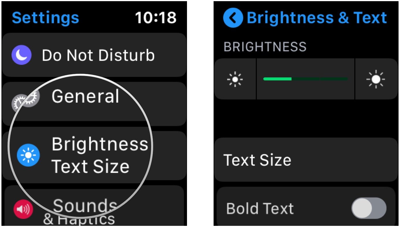 Apple Watch luminosité et taille du texte