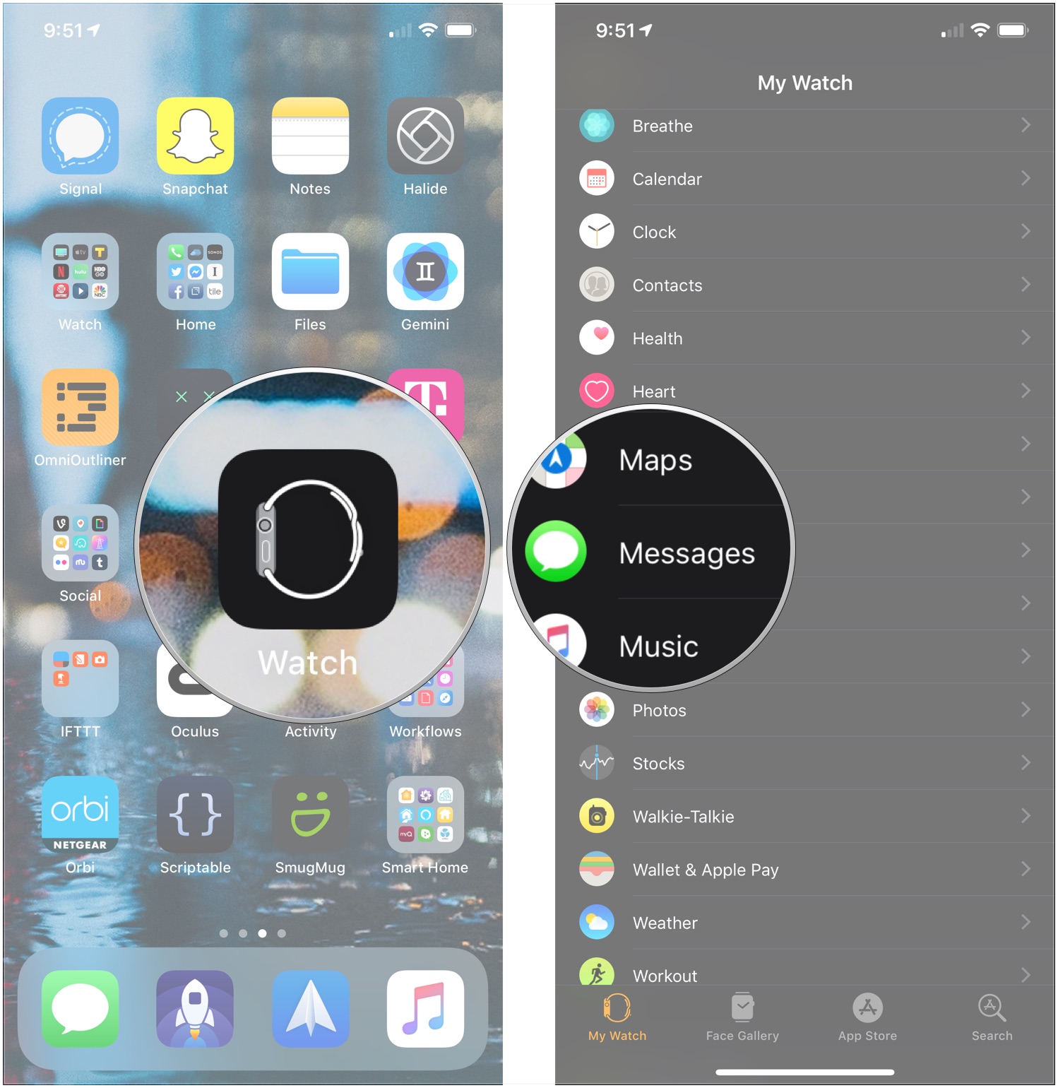 Open Apple Watch app, tap Messages