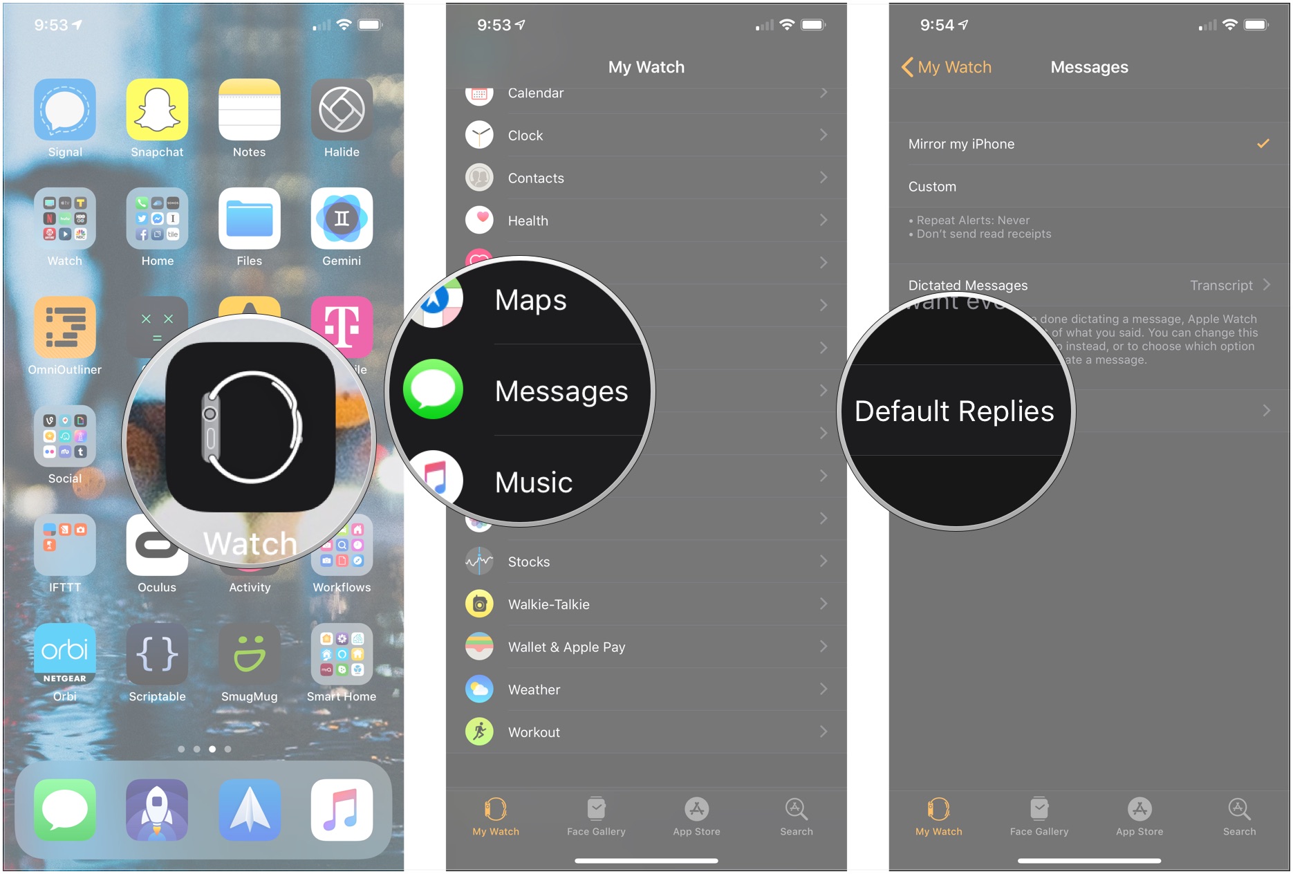 Open Apple Watch app, tap Messages, tap Default replies