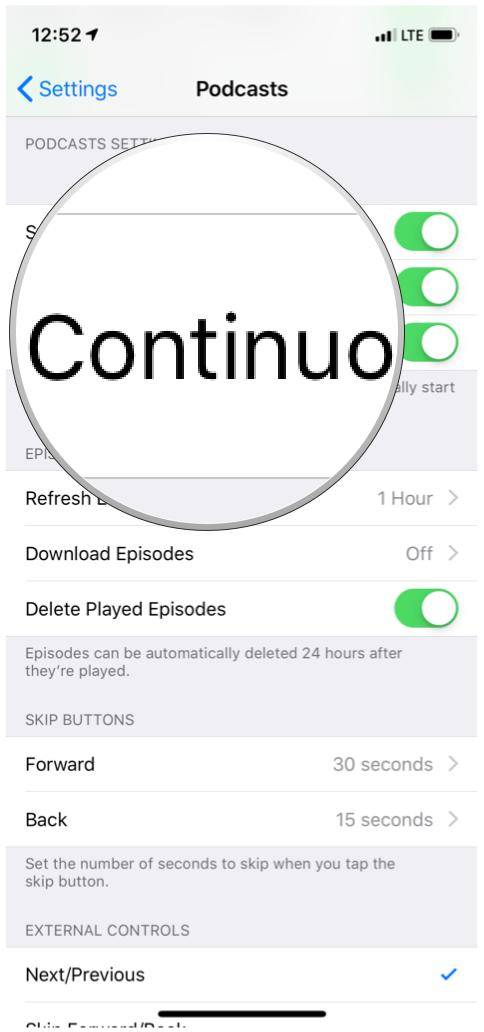 Настройки Apple Podcast Опция непрерывного воспроизведения