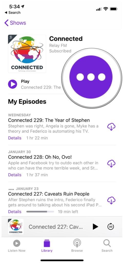 Apple Podcasts Connected Детальный вид Кнопка с 3 точками