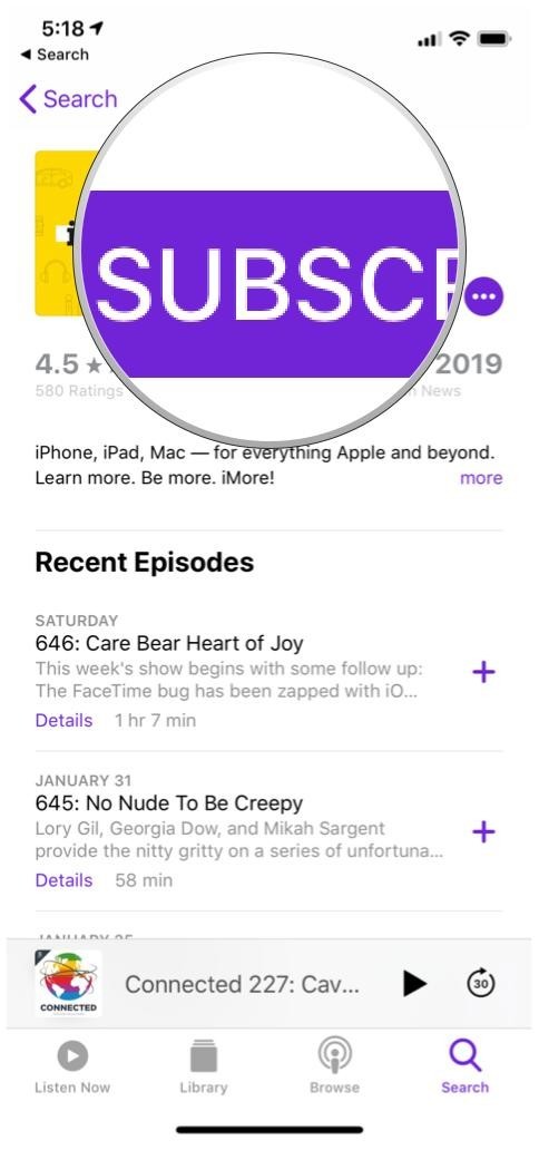 Apple Podcasts, iMore Show detail, click Subscribe