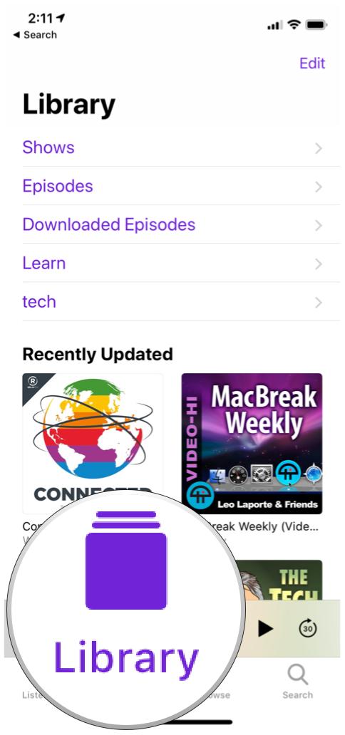 Apple Podcasts on iOS showing library tab