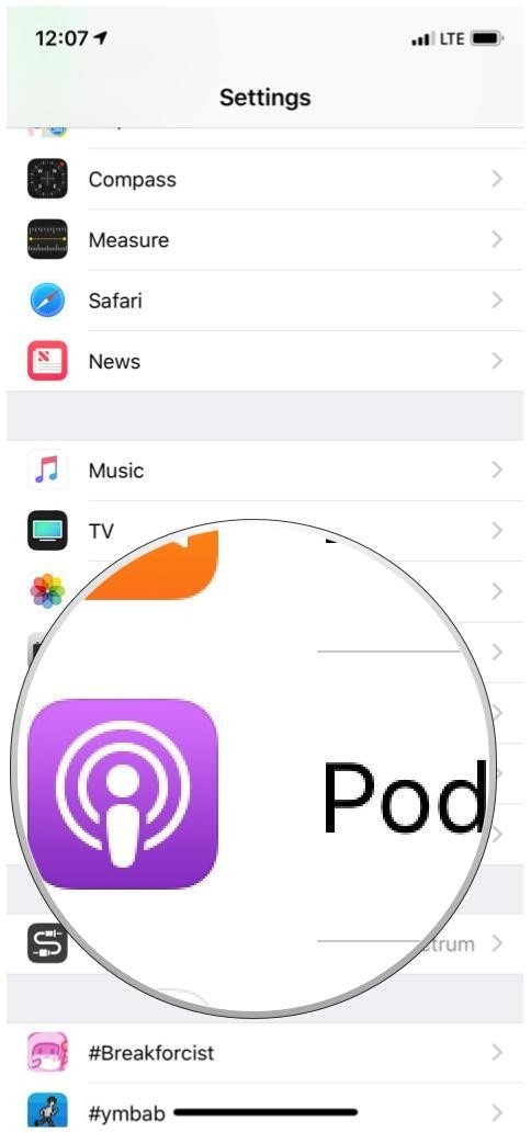iOS Settings menu, tap Podcasts