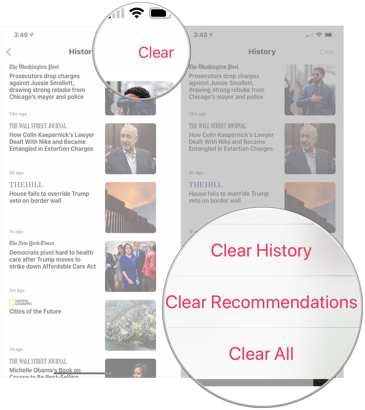Tap Clear, tap Clear History, Clear Recommendations, or Clear All