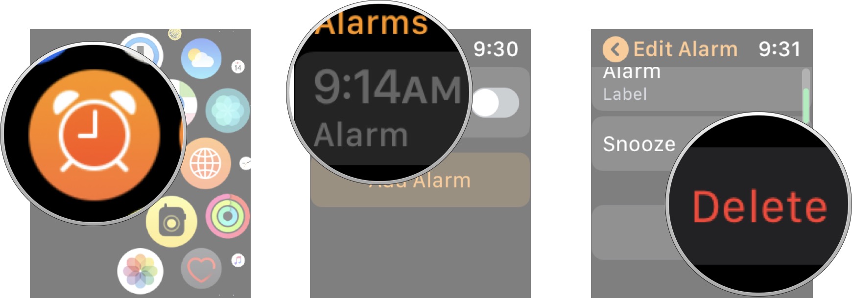 Launch alarms app on Apple Watch, tap the alarm you want to delete, and then tap delete.