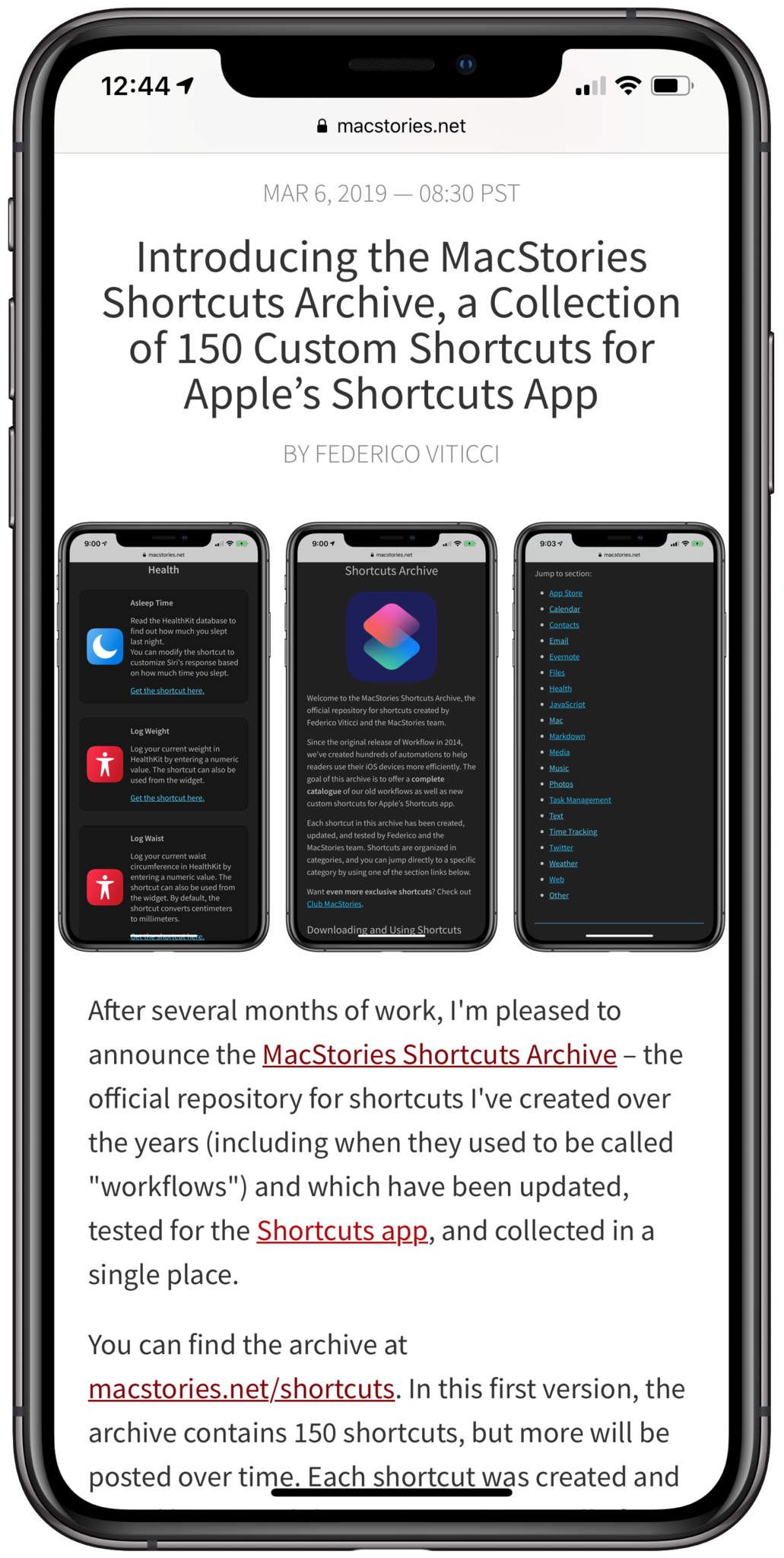 Screenshot of MacStories coverage of their new Shortcuts archive