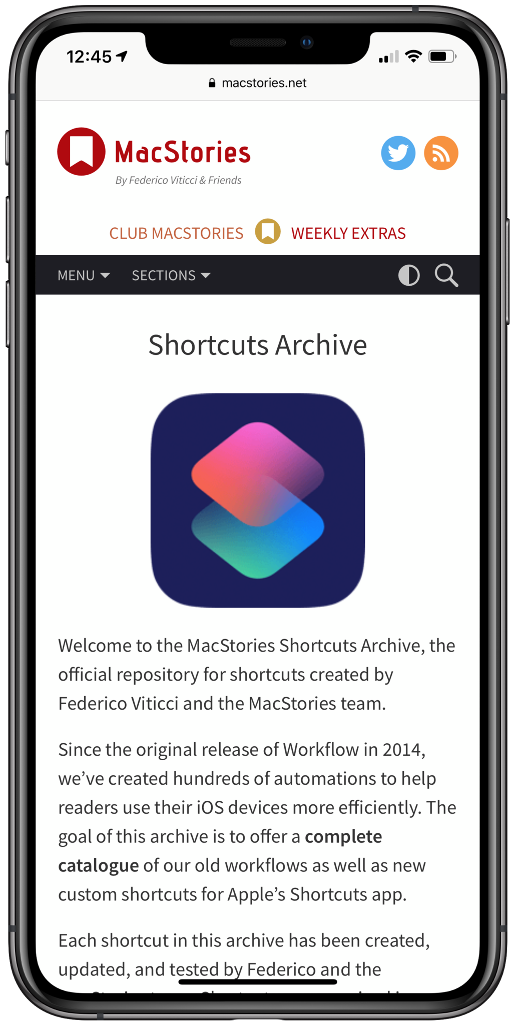 Screenshot of MacStories Shortcuts Archive page
