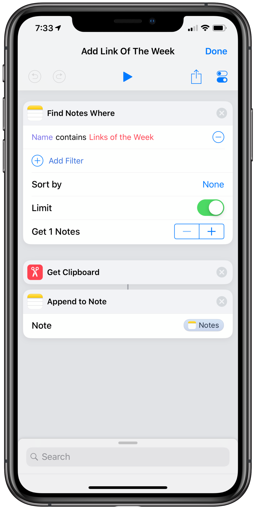 Add to a Links Of The Week shortcut by searching for the name and using Get Clipboard and Append to Note