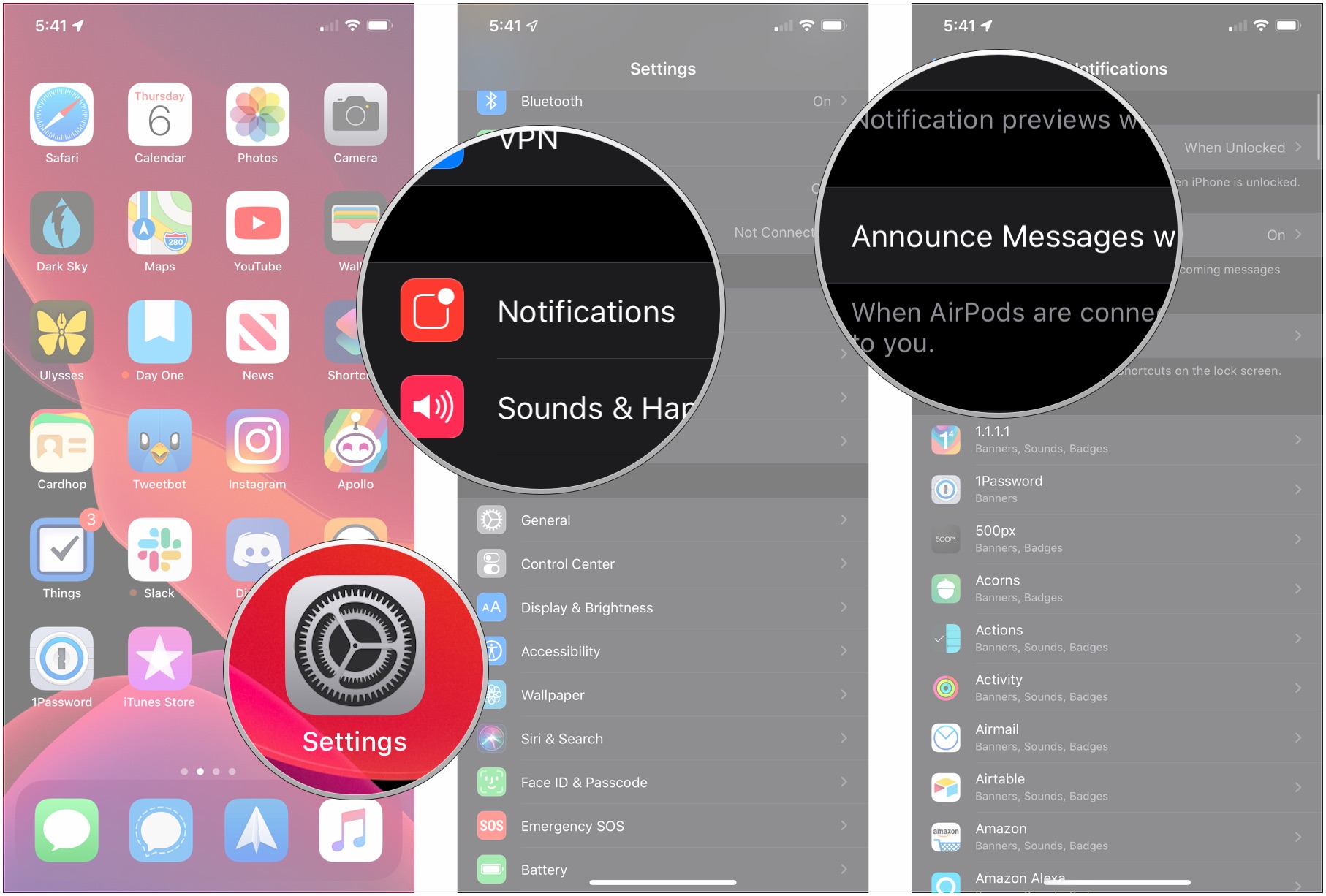 Open Settings, tap Notifications, tap Announce Messages with Siri