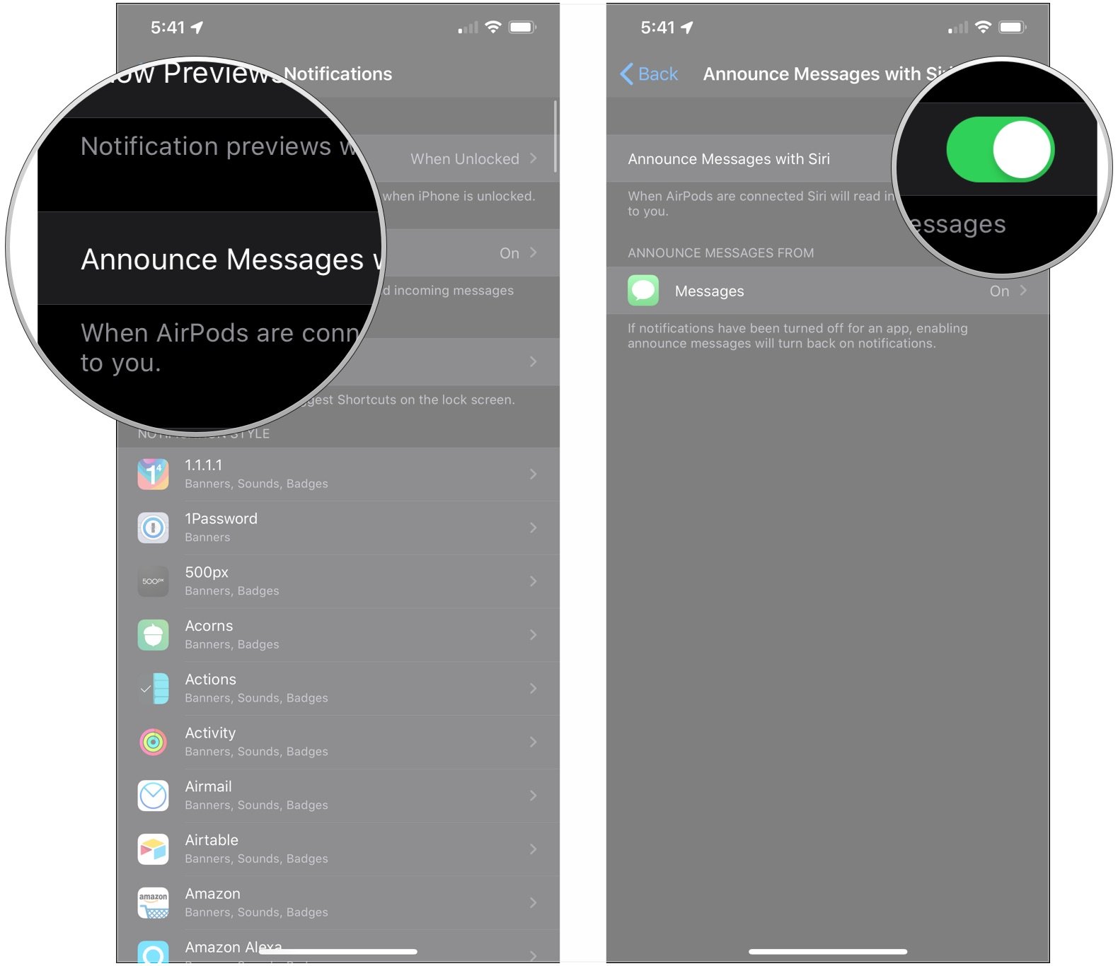 Tap Announce Messages with Siri, tap the switch